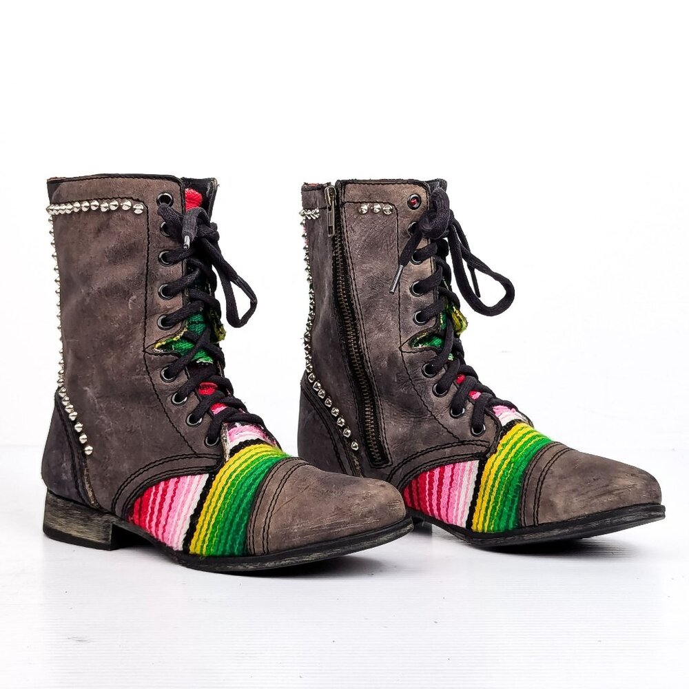 Steve Madden Women Taco Grey Stone Leather Lace-up Studded Combat Boots sz 7